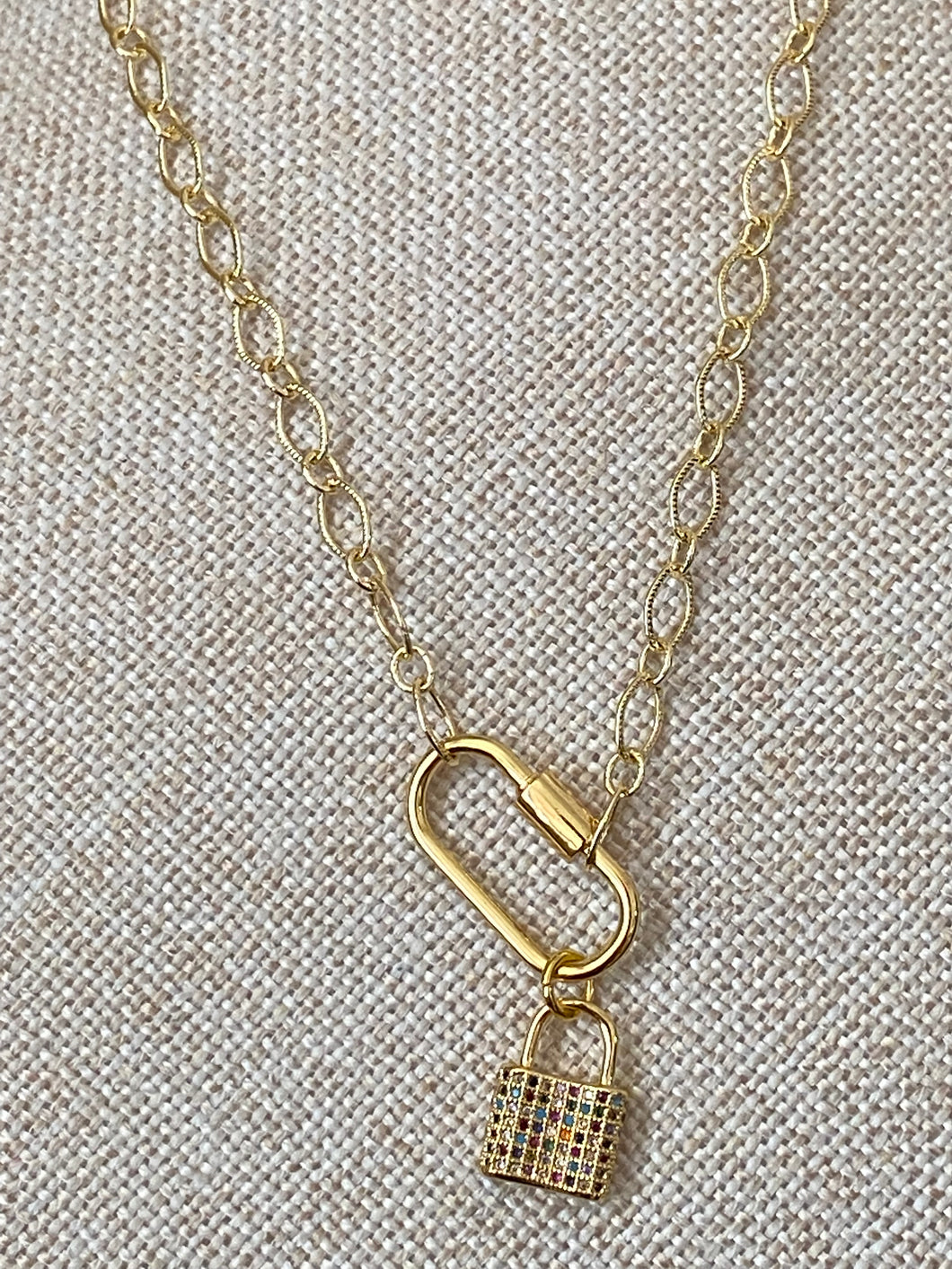 Gold Tone Brass Multi Crystal Lock Necklace