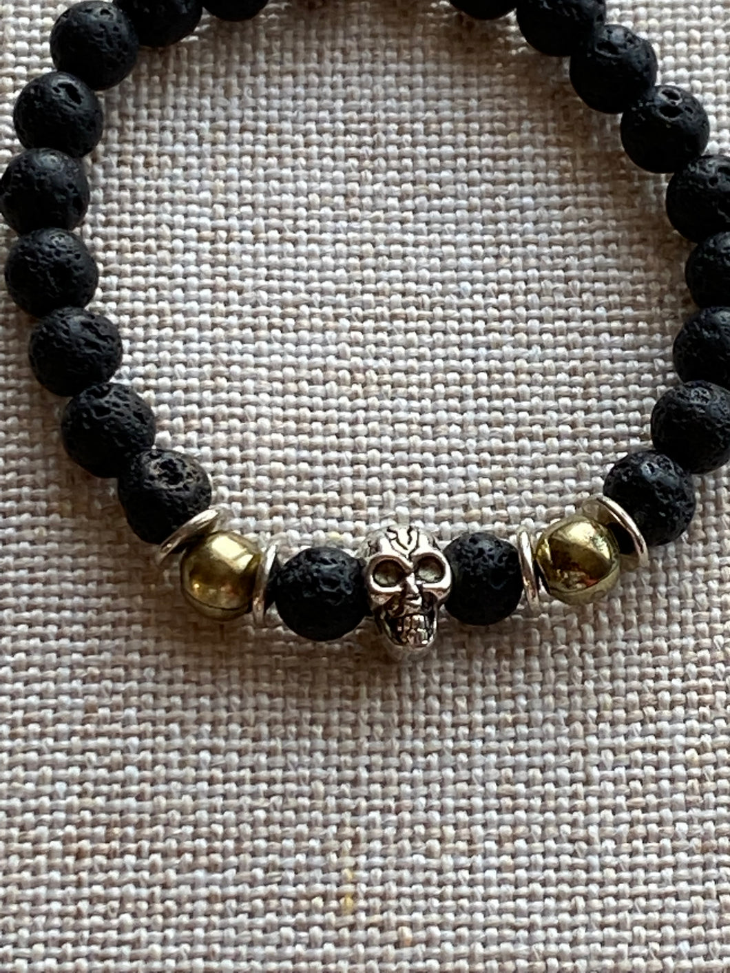 Black Lava Stone + Pewter Skull and Brass Beads